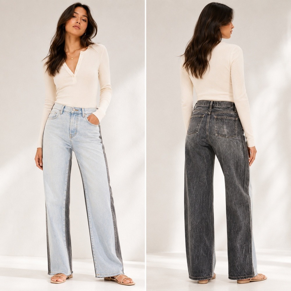 Revice Two Tone High Waisted Straight Leg Jeans Blue Black Contrast Denim Sz 24